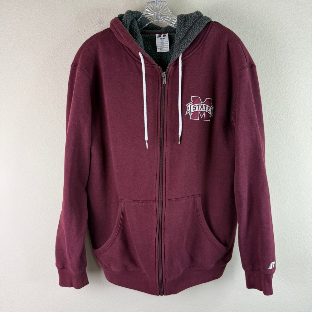 Russell Hoodie Men M Mississippi State Bulldogs Zip Up Sherpa Lined Maroon